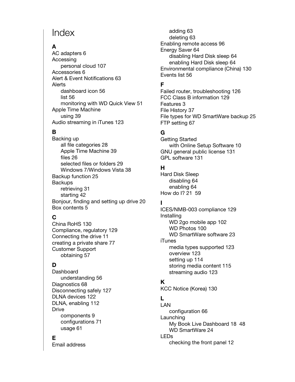 Index | Western Digital My Book Live User Manual User Manual | Page 142 / 146