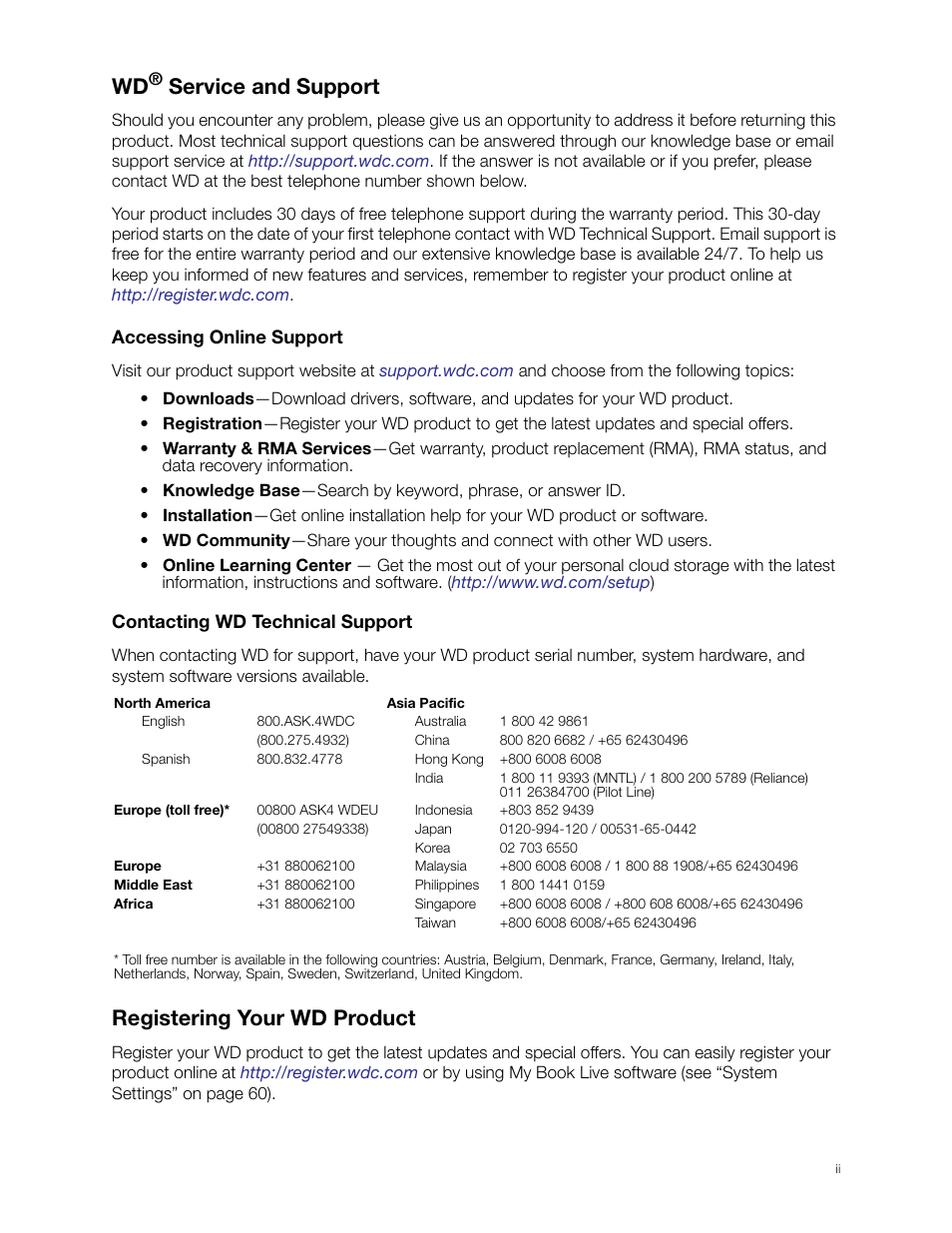 Wd® service and support, Accessing online support, Contacting wd technical support | Registering your wd product, Service and support | Western Digital My Book Live User Manual User Manual | Page 2 / 146