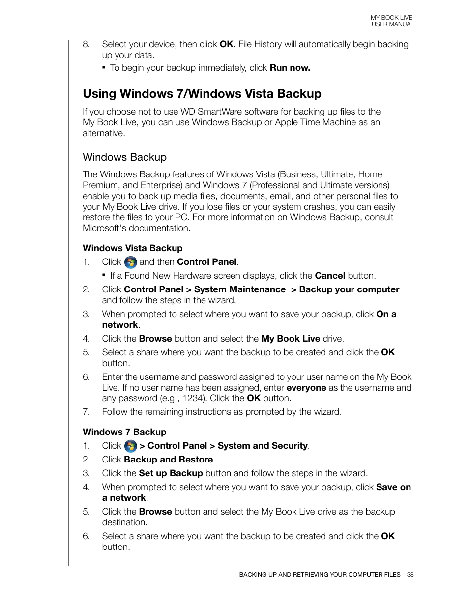 Using windows 7/windows vista backup, Windows backup | Western Digital My Book Live User Manual User Manual | Page 43 / 146