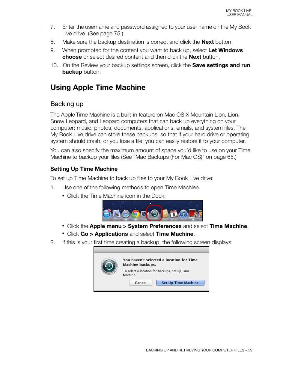 Using apple time machine, Backing up | Western Digital My Book Live User Manual User Manual | Page 44 / 146