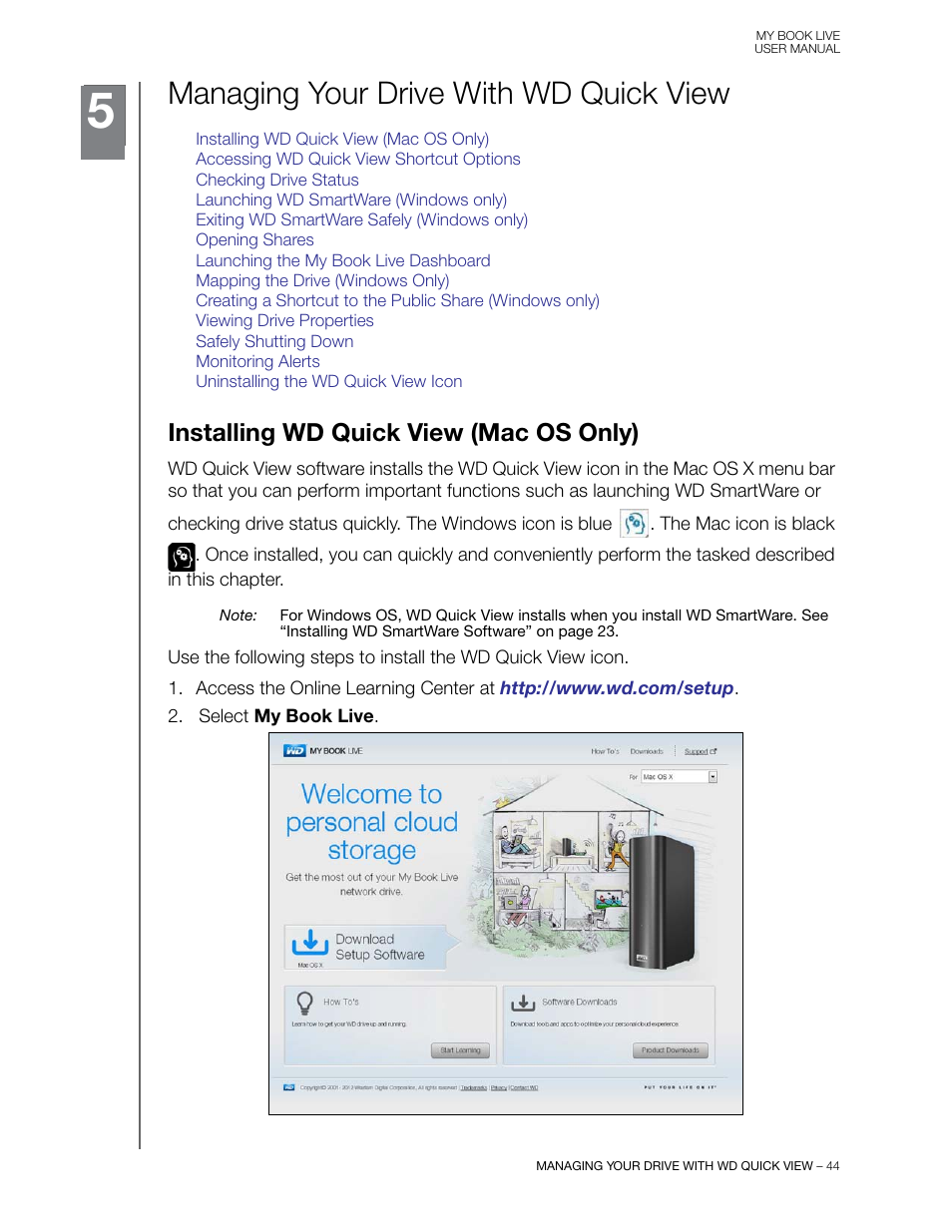 Managing your drive with wd quick view, Installing wd quick view (mac os only), Managing your drive with | Wd quick view | Western Digital My Book Live User Manual User Manual | Page 49 / 146