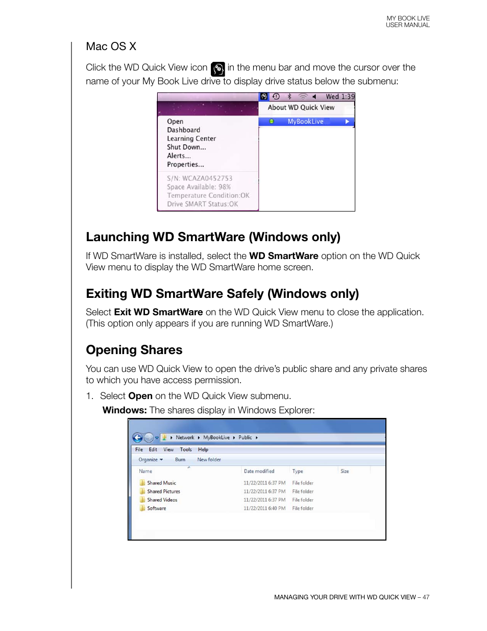 Mac os x, Launching wd smartware (windows only), Exiting wd smartware safely (windows only) | Opening shares | Western Digital My Book Live User Manual User Manual | Page 52 / 146