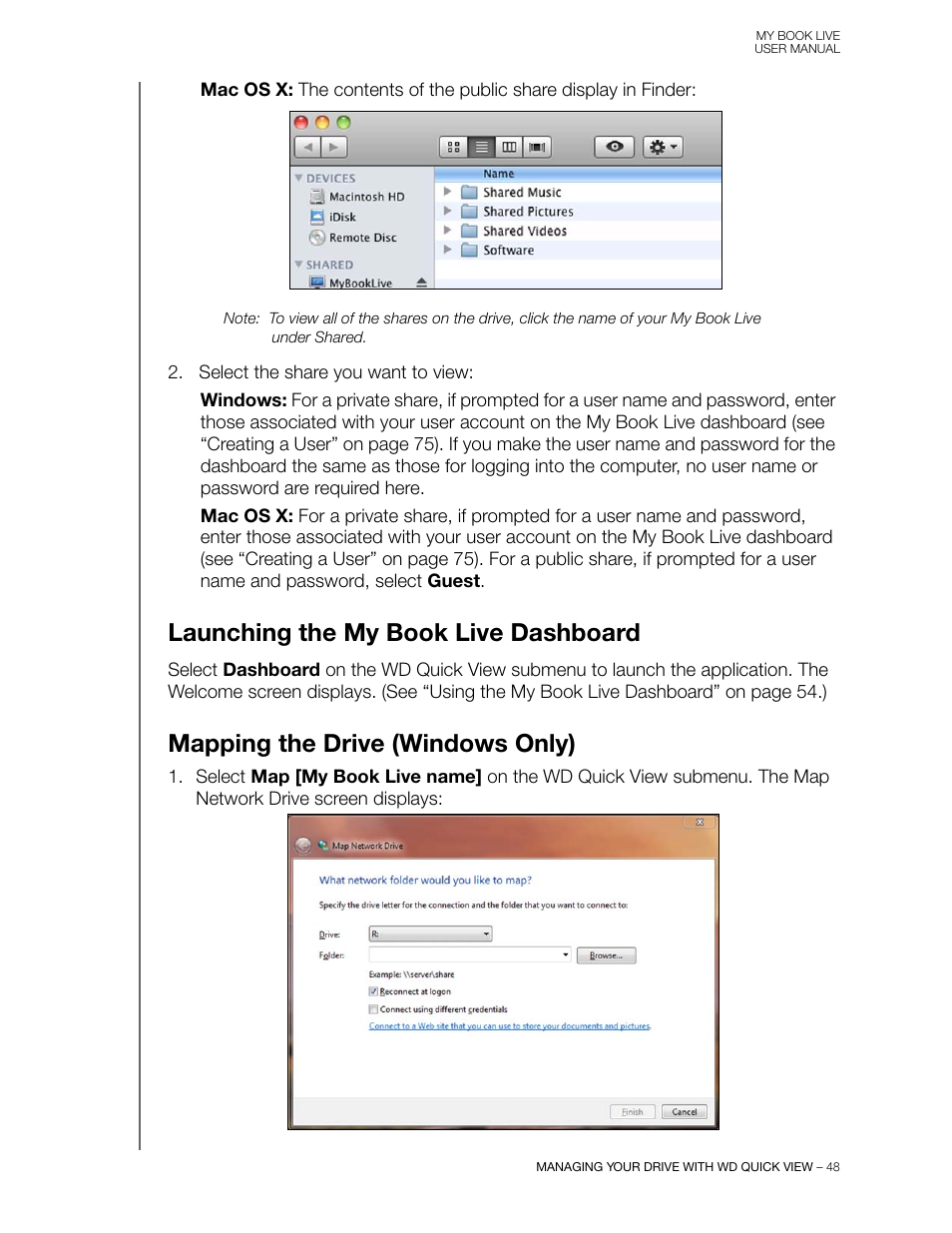 Launching the my book live dashboard, Mapping the drive (windows only), Mapping the drive | Western Digital My Book Live User Manual User Manual | Page 53 / 146