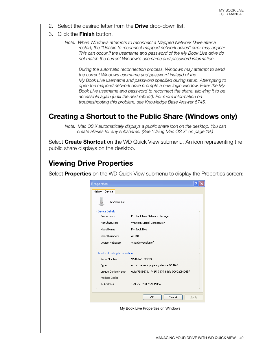 Viewing drive properties, Creating a shortcut to the public share | Western Digital My Book Live User Manual User Manual | Page 54 / 146