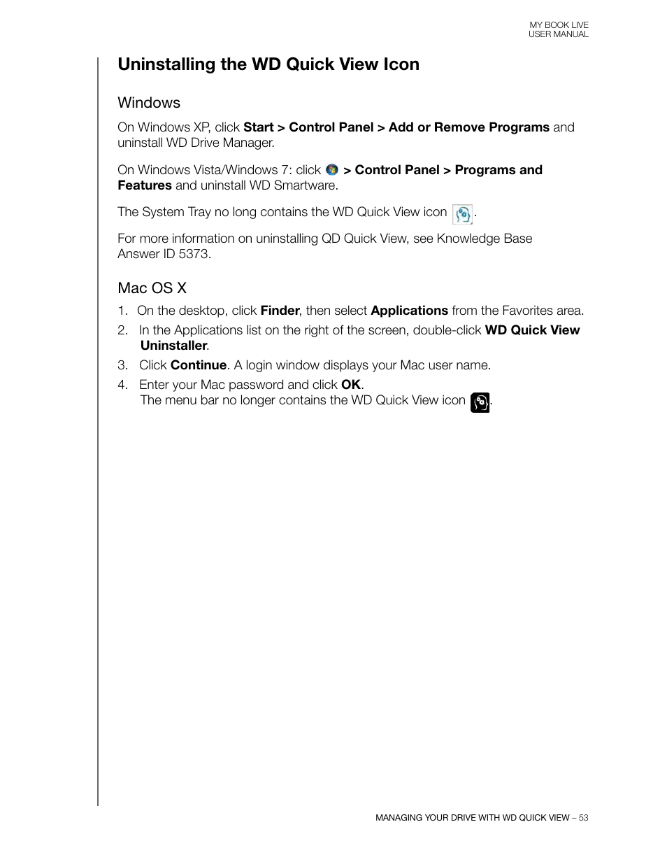Uninstalling the wd quick view icon, Windows, Mac os x | Western Digital My Book Live User Manual User Manual | Page 58 / 146
