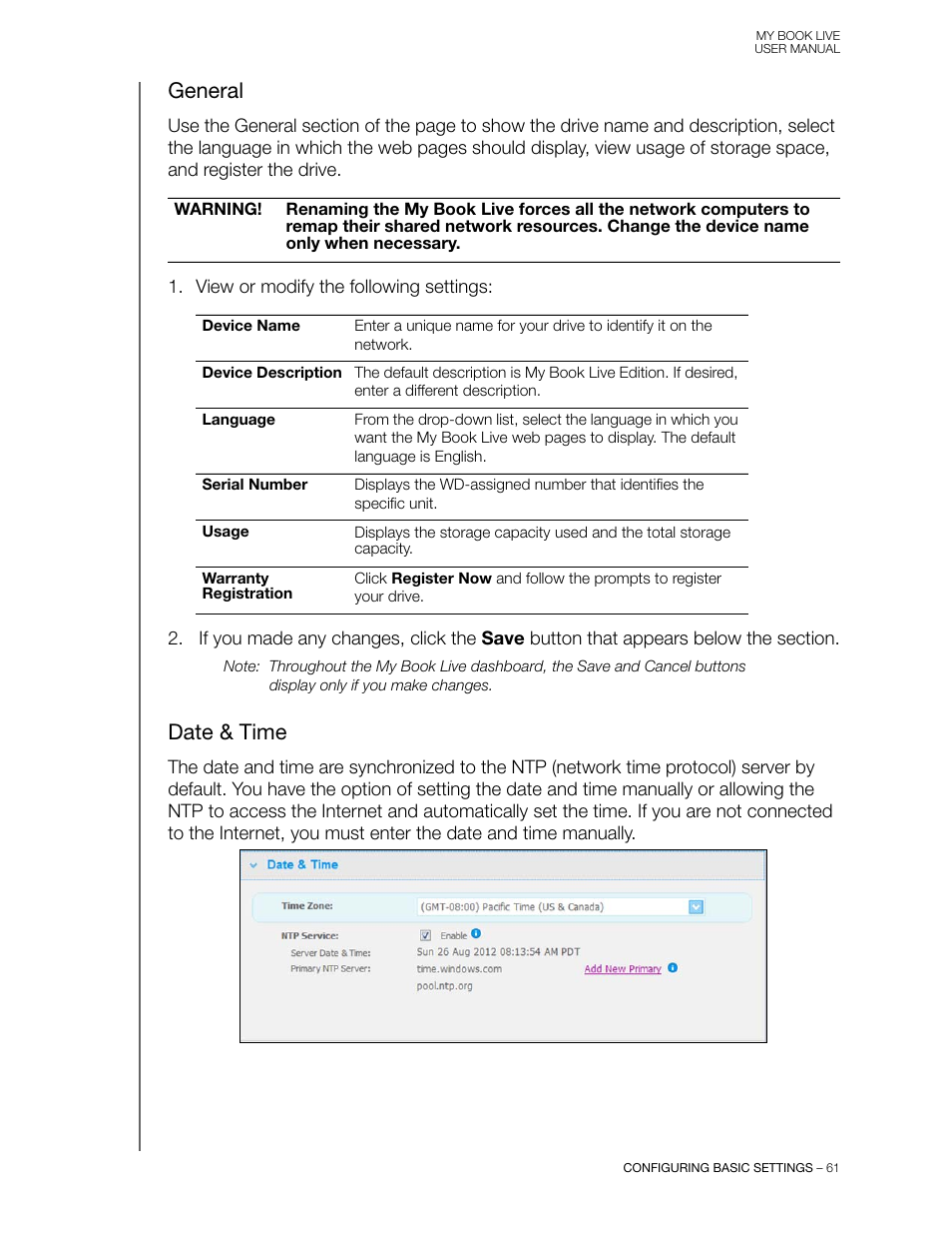 General, Date & time | Western Digital My Book Live User Manual User Manual | Page 66 / 146
