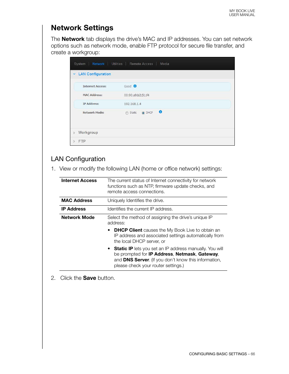 Network settings, Lan configuration | Western Digital My Book Live User Manual User Manual | Page 71 / 146