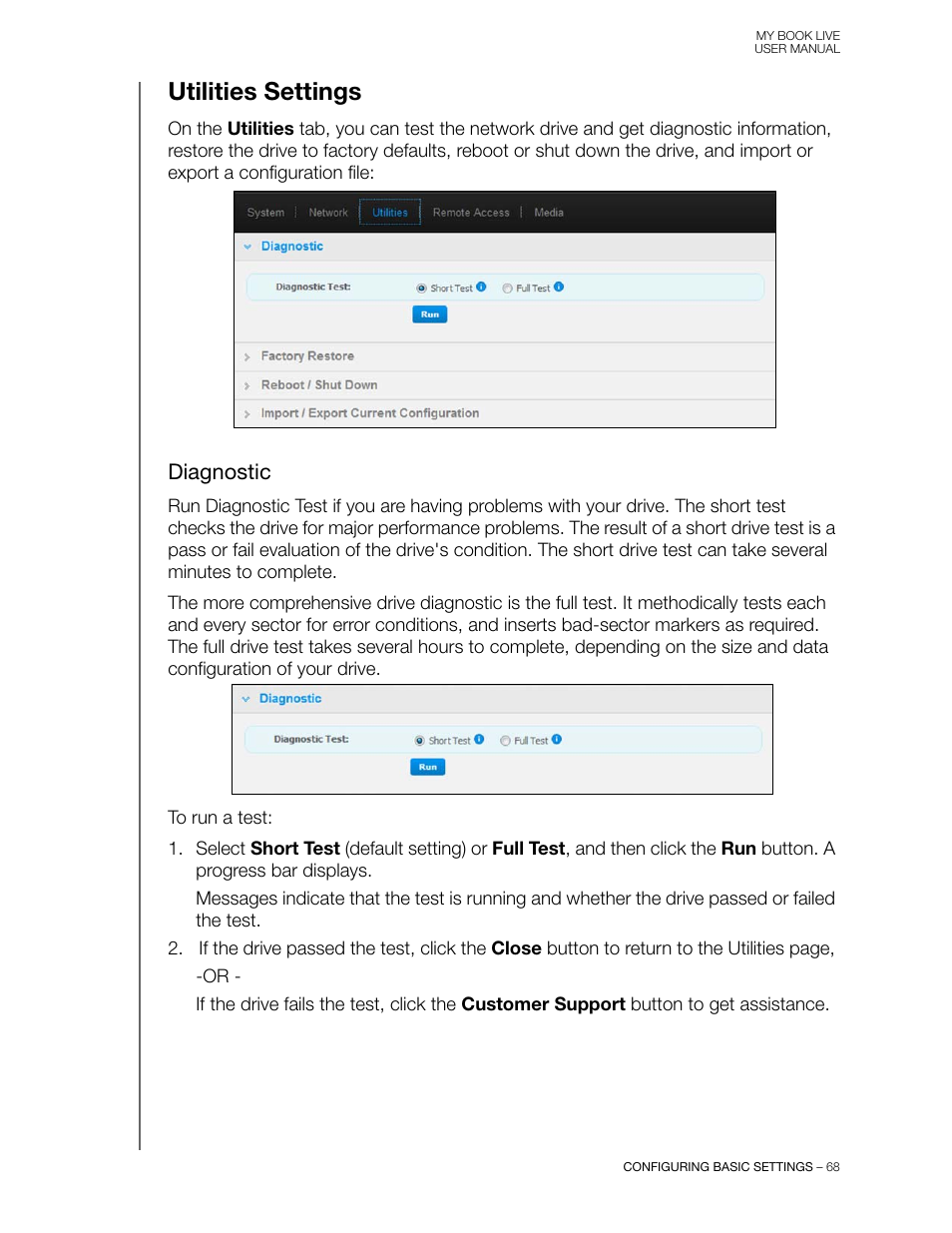 Utilities settings, Diagnostic | Western Digital My Book Live User Manual User Manual | Page 73 / 146