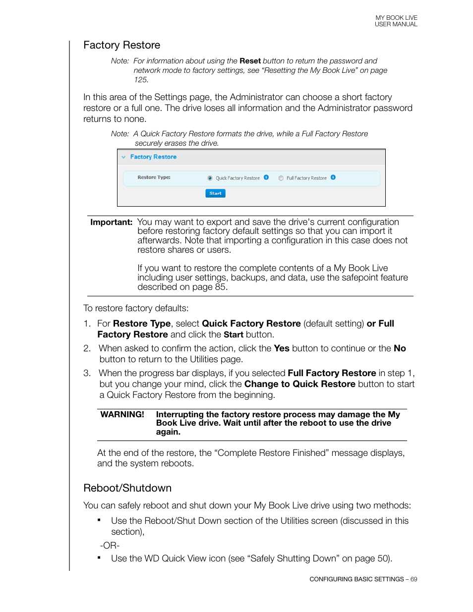 Factory restore, Reboot/shutdown | Western Digital My Book Live User Manual User Manual | Page 74 / 146