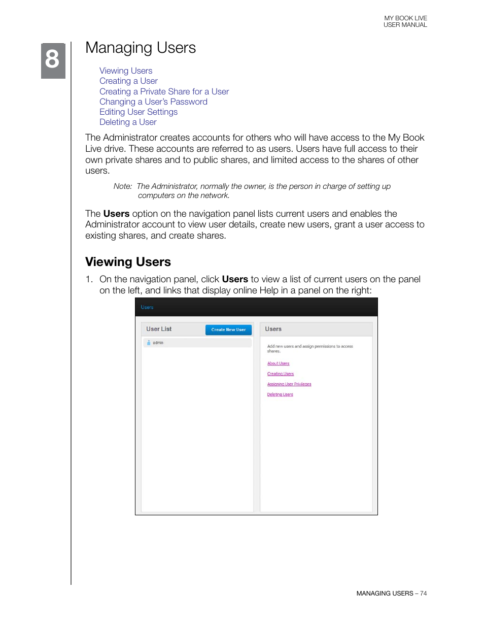 Managing users, Viewing users | Western Digital My Book Live User Manual User Manual | Page 79 / 146