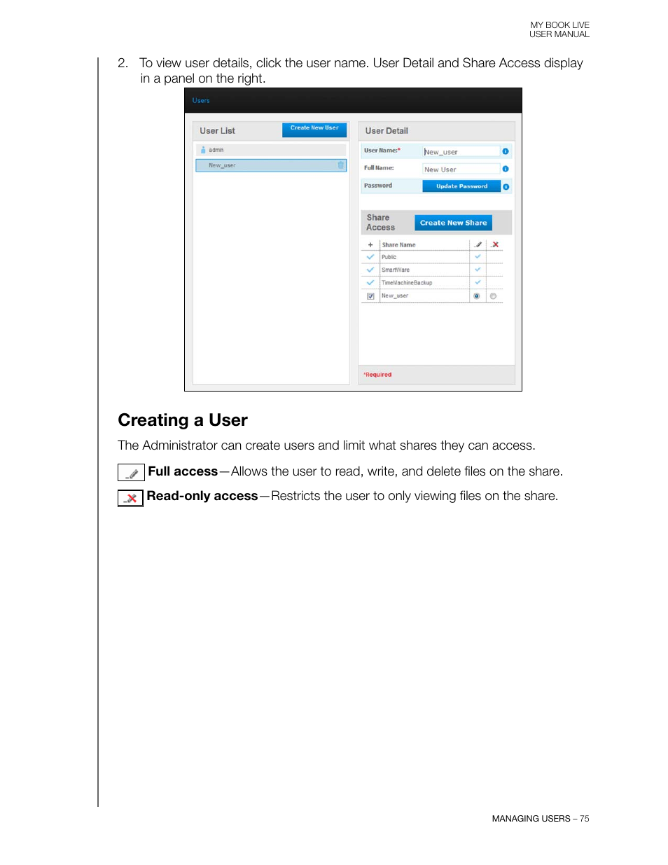 Creating a user | Western Digital My Book Live User Manual User Manual | Page 80 / 146
