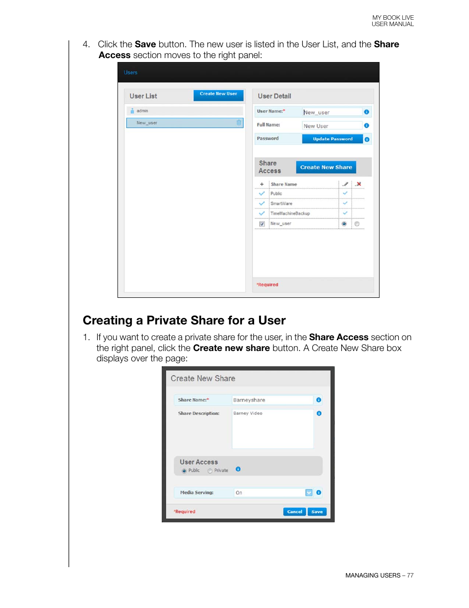 Creating a private share for a user | Western Digital My Book Live User Manual User Manual | Page 82 / 146