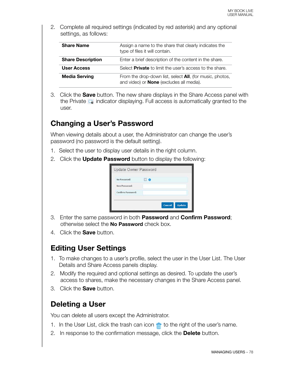 Changing a user’s password, Editing user settings, Deleting a user | Western Digital My Book Live User Manual User Manual | Page 83 / 146