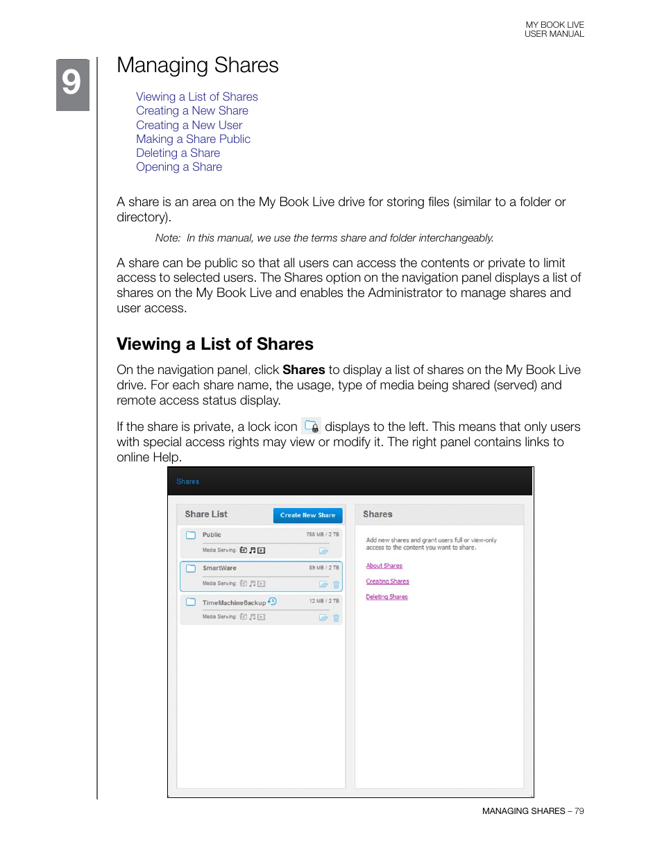 Managing shares, Viewing a list of shares | Western Digital My Book Live User Manual User Manual | Page 84 / 146