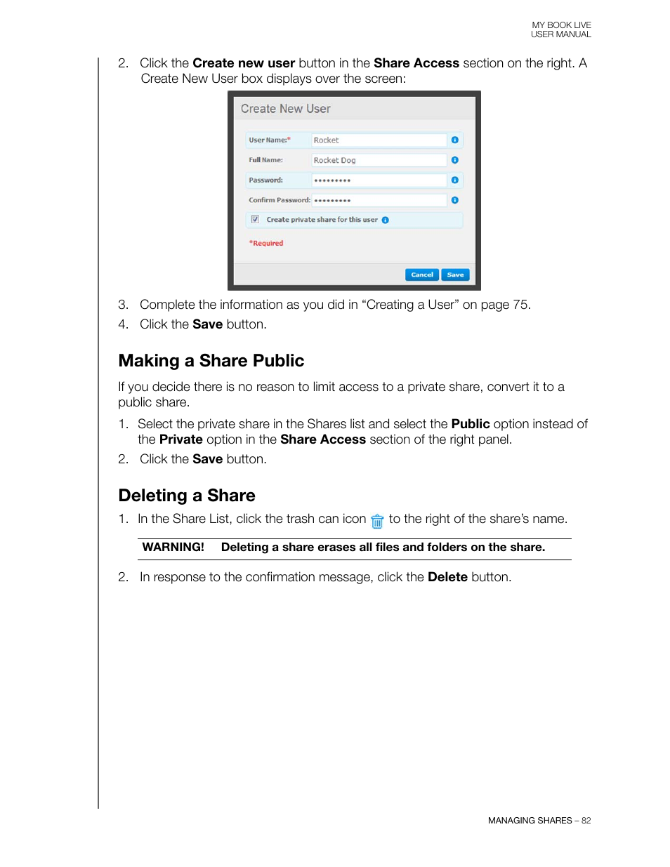 Making a share public, Deleting a share, Making a share public deleting a share | Western Digital My Book Live User Manual User Manual | Page 87 / 146