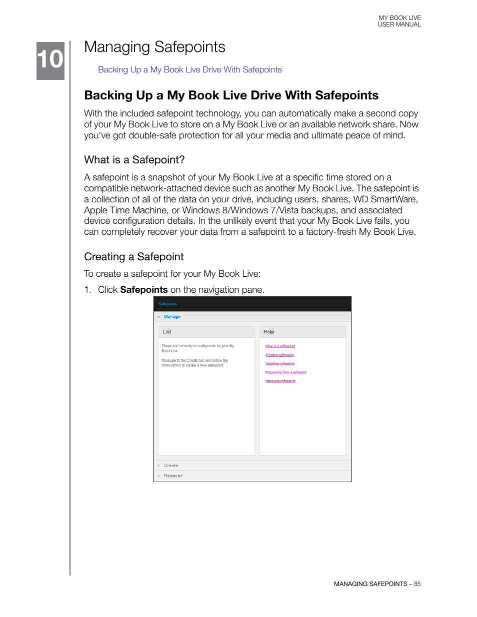 Managing safepoints, Backing up a my book live drive with safepoints, What is a safepoint | Creating a safepoint | Western Digital My Book Live User Manual User Manual | Page 90 / 146