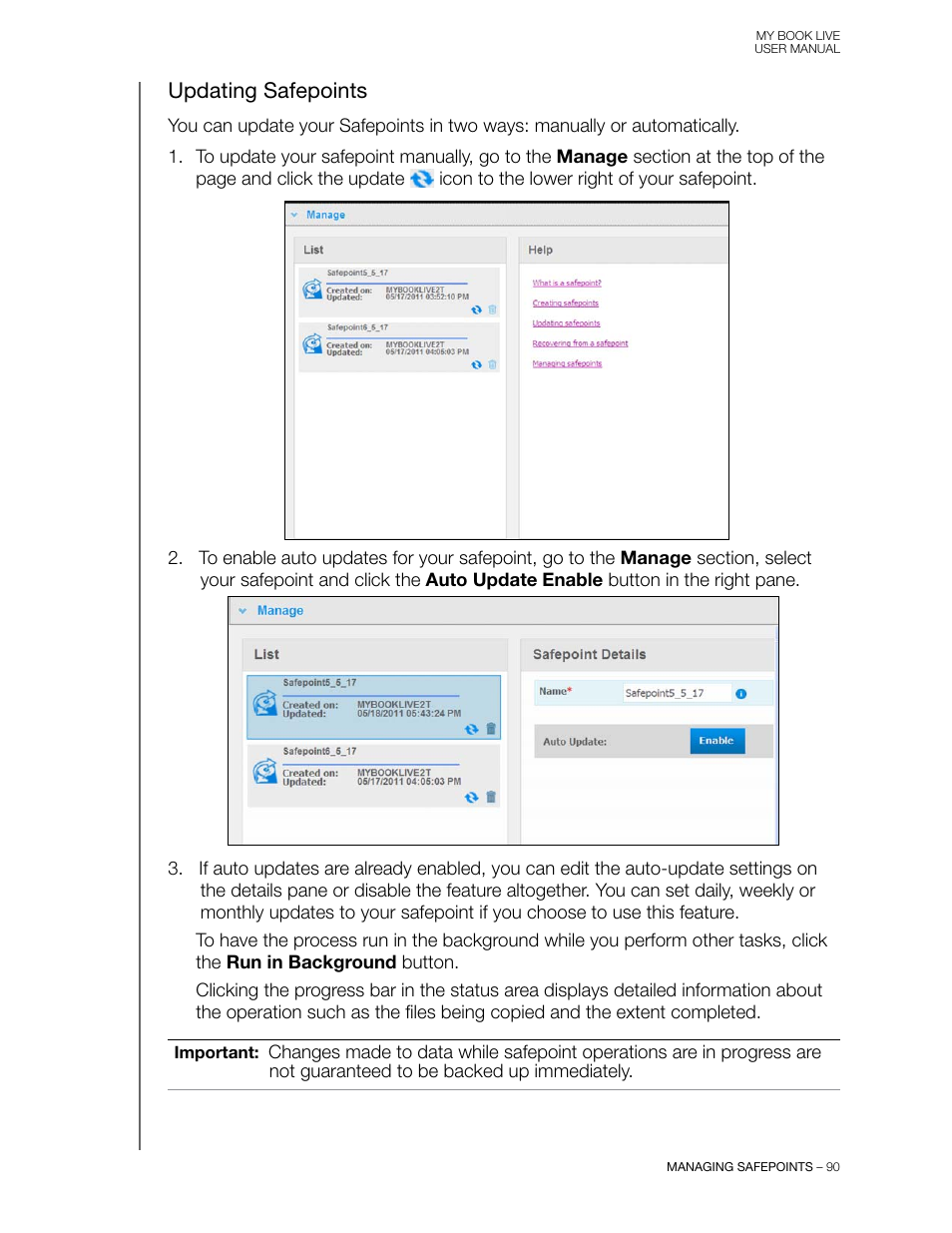 Updating safepoints | Western Digital My Book Live User Manual User Manual | Page 95 / 146