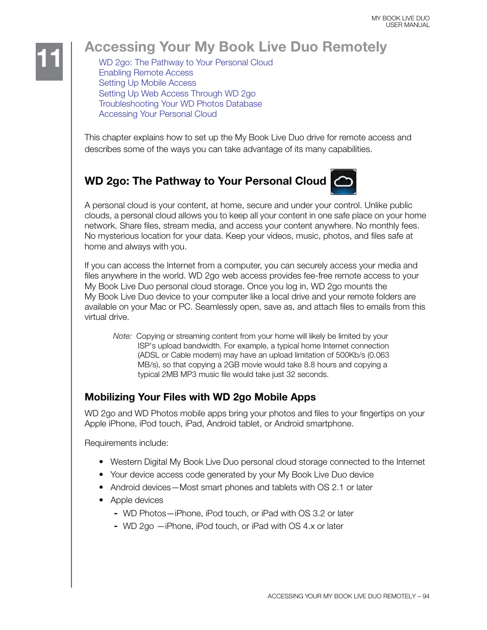 Accessing your my book live duo remotely, Wd 2go: the pathway to your personal cloud, Mobilizing your files with wd 2go mobile apps | Wd 2go | Western Digital My Book Live Duo User Manual User Manual | Page 100 / 146