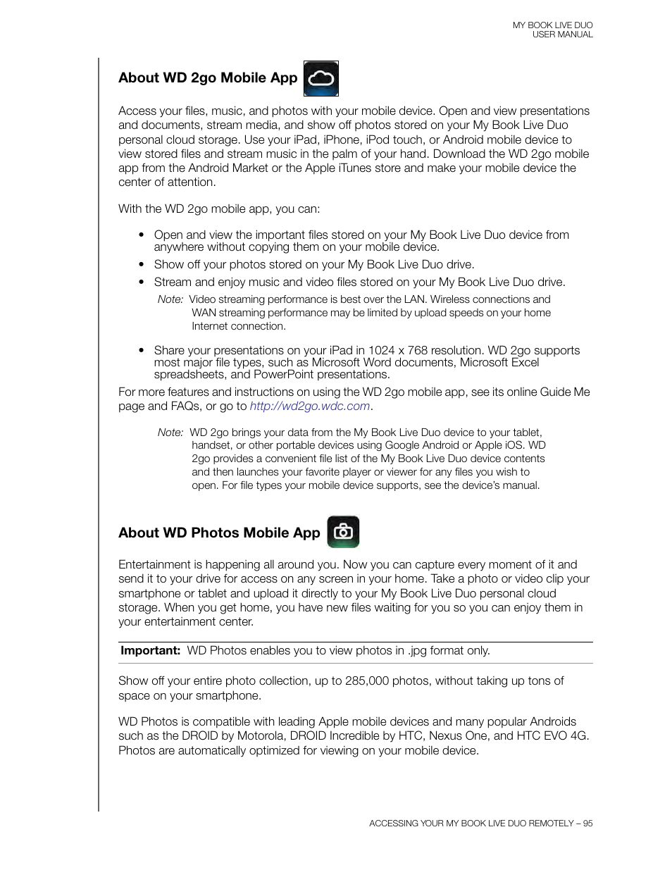 About wd 2go mobile app, About wd photos mobile app | Western Digital My Book Live Duo User Manual User Manual | Page 101 / 146