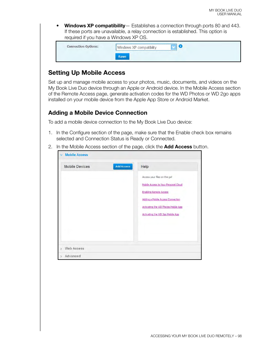 Setting up mobile access, Adding a mobile device connection | Western Digital My Book Live Duo User Manual User Manual | Page 104 / 146