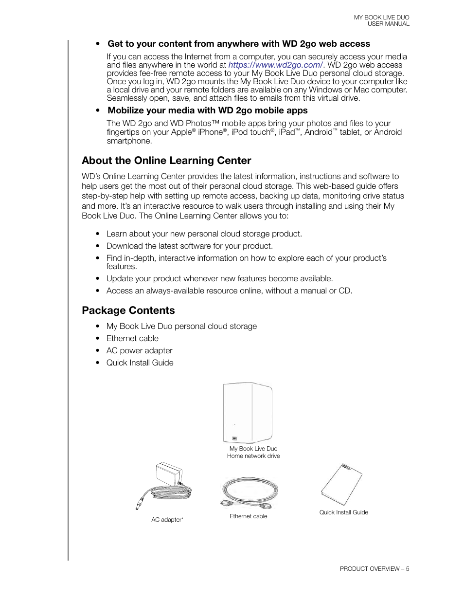 About the online learning center, Package contents, About the online learning center package contents | Western Digital My Book Live Duo User Manual User Manual | Page 11 / 146