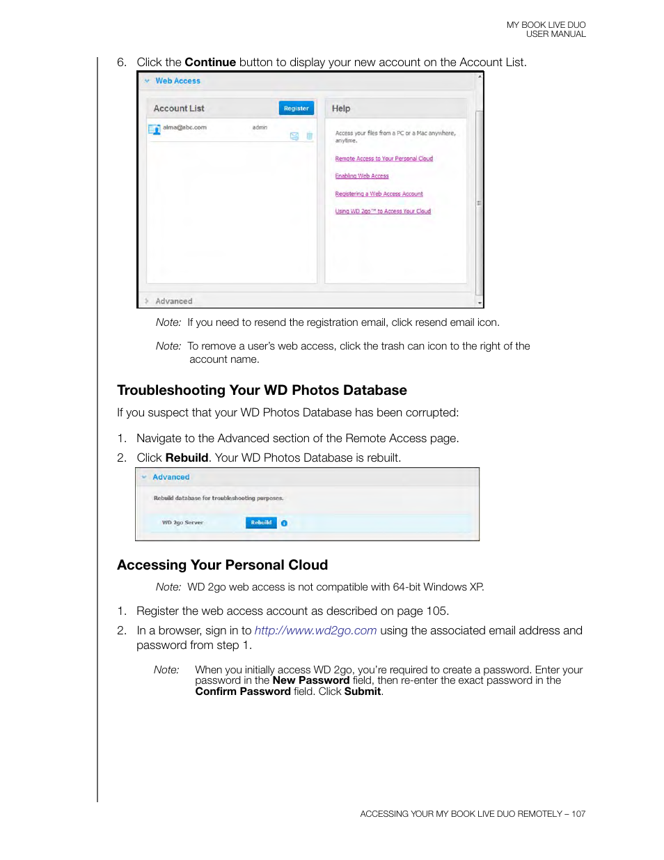 Troubleshooting your wd photos database, Accessing your personal cloud | Western Digital My Book Live Duo User Manual User Manual | Page 113 / 146