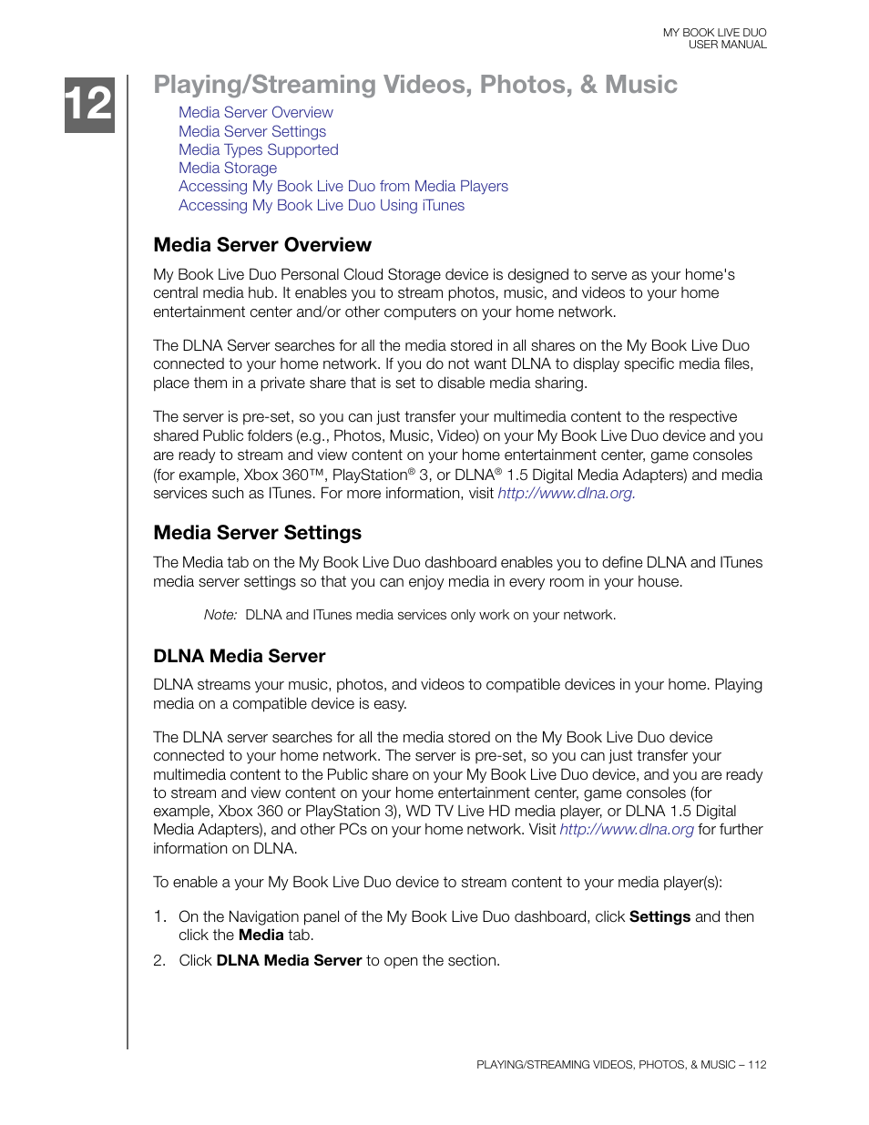 Playing/streaming videos, photos, & music, Media server overview, Media server settings | Dlna media server | Western Digital My Book Live Duo User Manual User Manual | Page 118 / 146