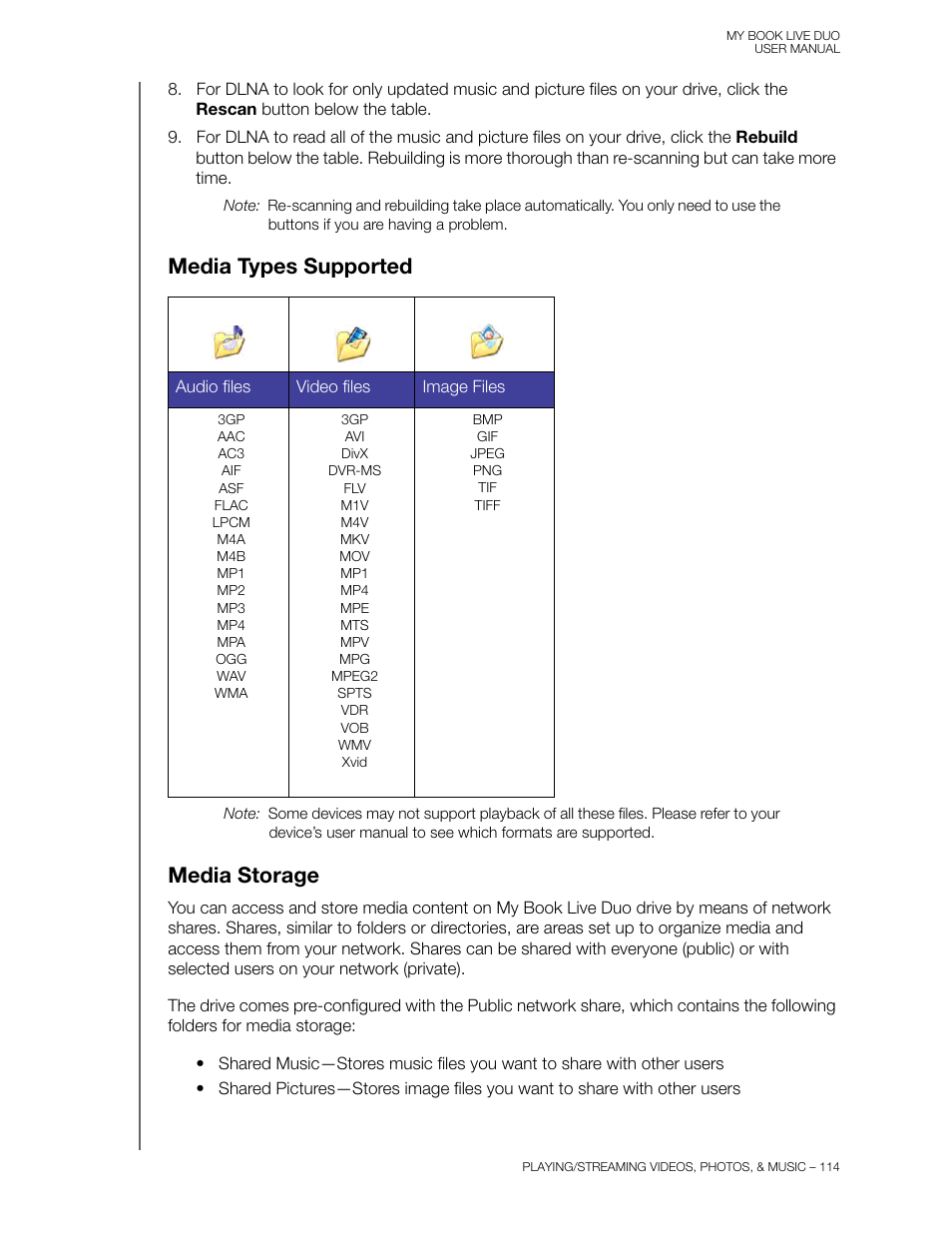 Media types supported, Media storage, Media types supported media storage | Western Digital My Book Live Duo User Manual User Manual | Page 120 / 146