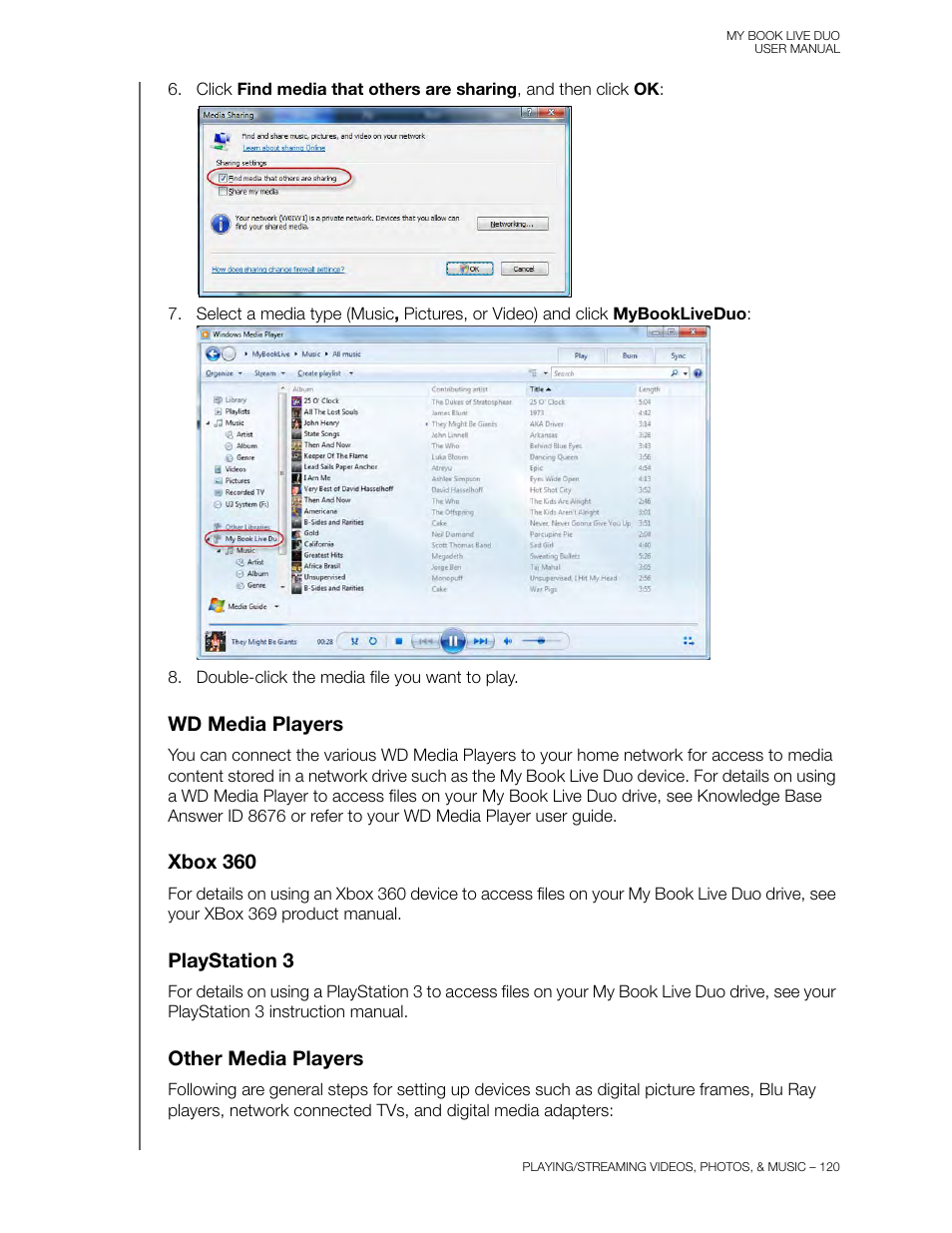 Wd media players, Xbox 360, Playstation 3 | Other media players | Western Digital My Book Live Duo User Manual User Manual | Page 126 / 146