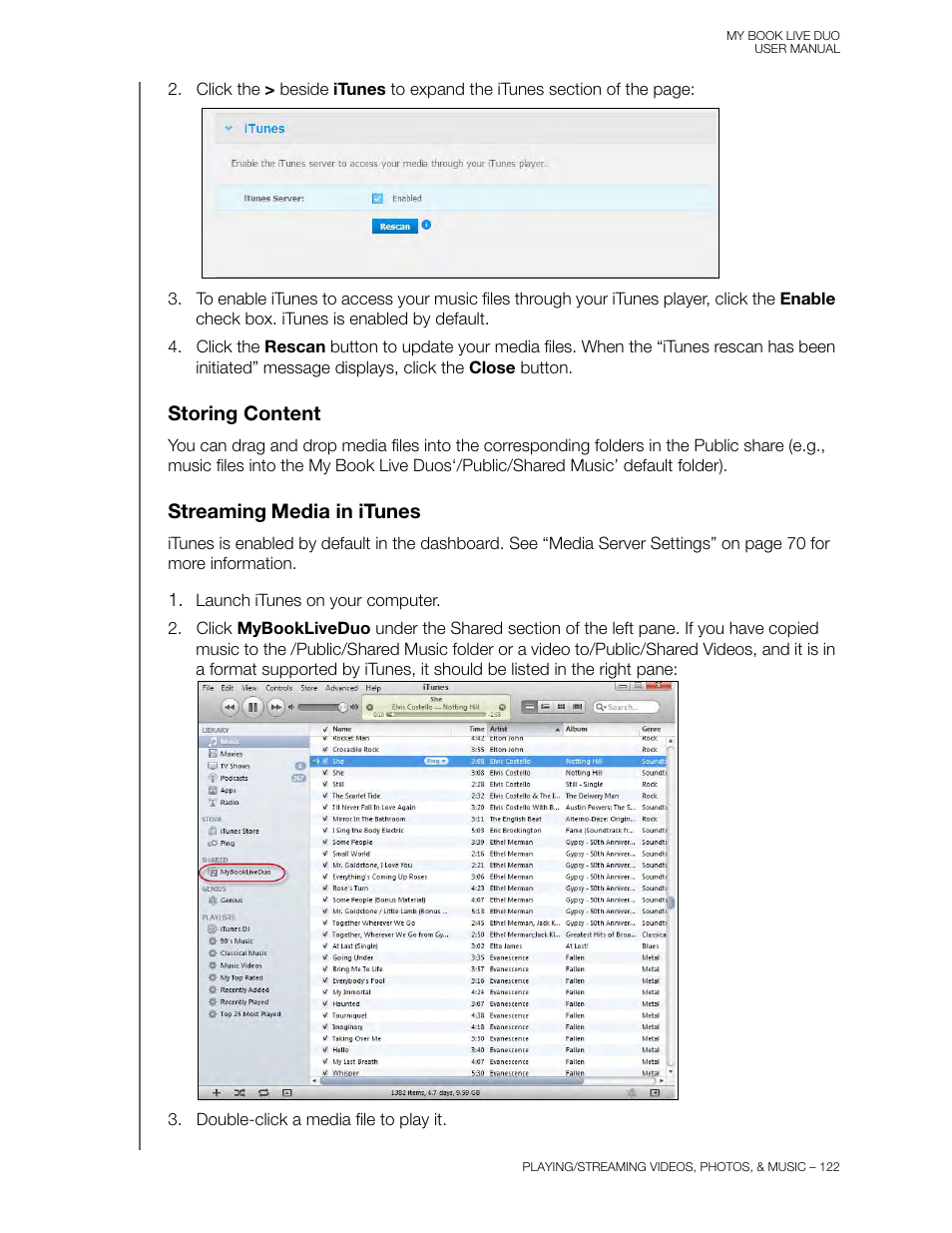 Storing content, Streaming media in itunes | Western Digital My Book Live Duo User Manual User Manual | Page 128 / 146