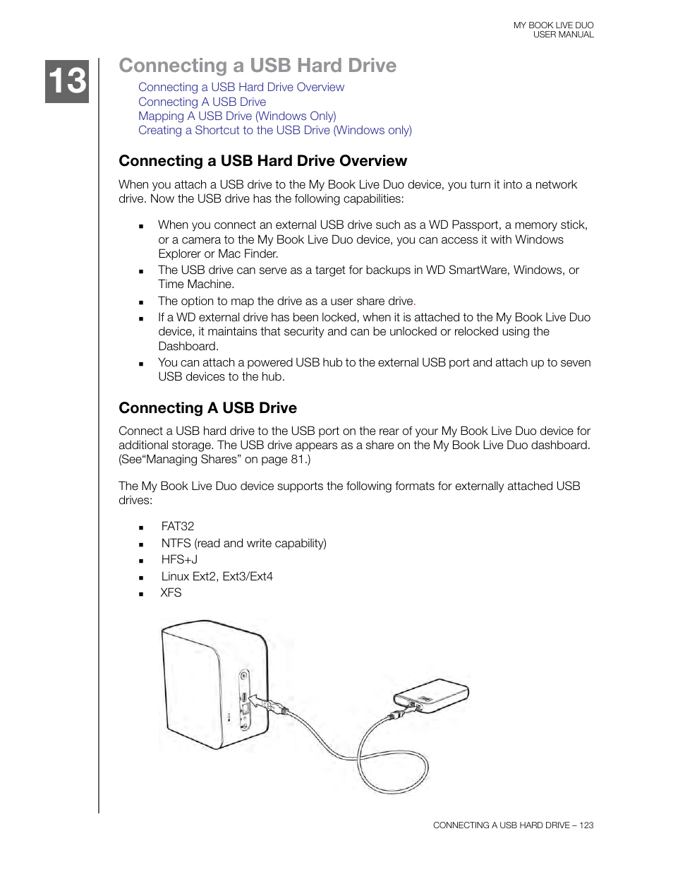 Connecting a usb hard drive, Connecting a usb hard drive overview, Connecting a usb drive | Western Digital My Book Live Duo User Manual User Manual | Page 129 / 146