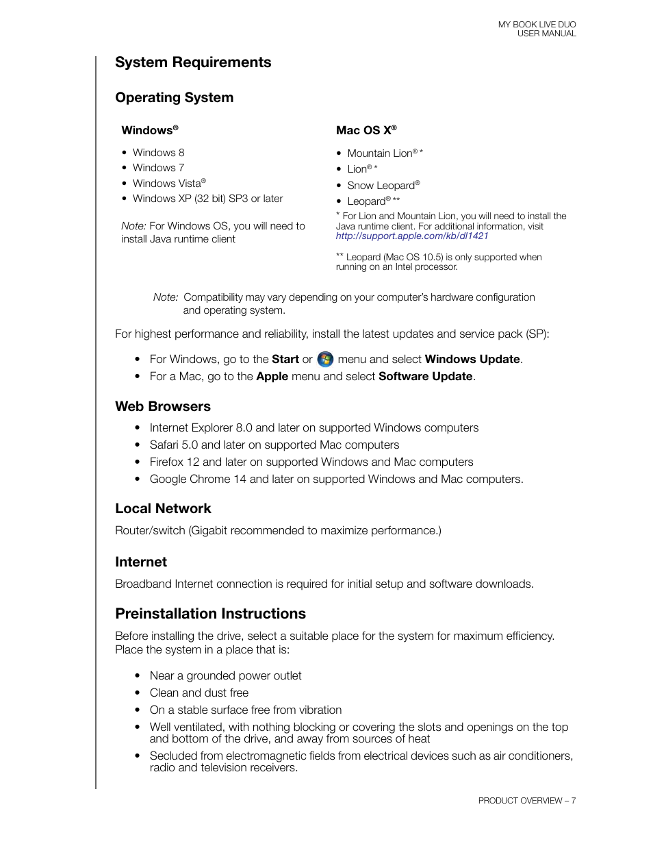 System requirements, Operating system, Web browsers | Local network, Internet, Preinstallation instructions, System requirements preinstallation instructions | Western Digital My Book Live Duo User Manual User Manual | Page 13 / 146