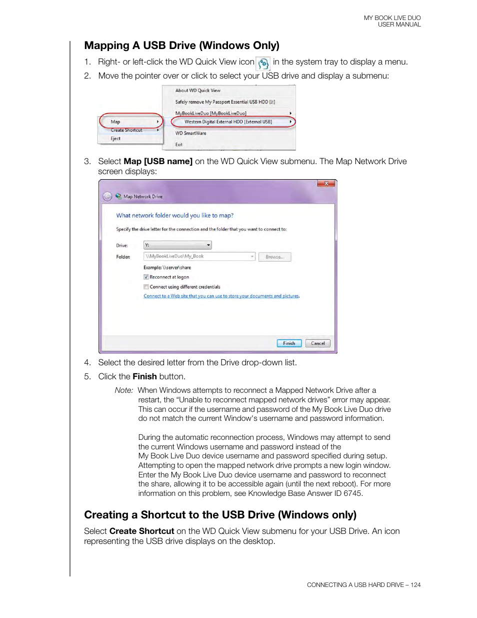 Mapping a usb drive (windows only), Creating a shortcut to the usb drive | Western Digital My Book Live Duo User Manual User Manual | Page 130 / 146