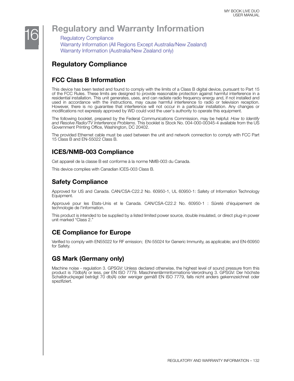 Regulatory and warranty information, Regulatory compliance, Fcc class b information | Ices/nmb-003 compliance, Safety compliance, Ce compliance for europe, Gs mark (germany only) | Western Digital My Book Live Duo User Manual User Manual | Page 138 / 146