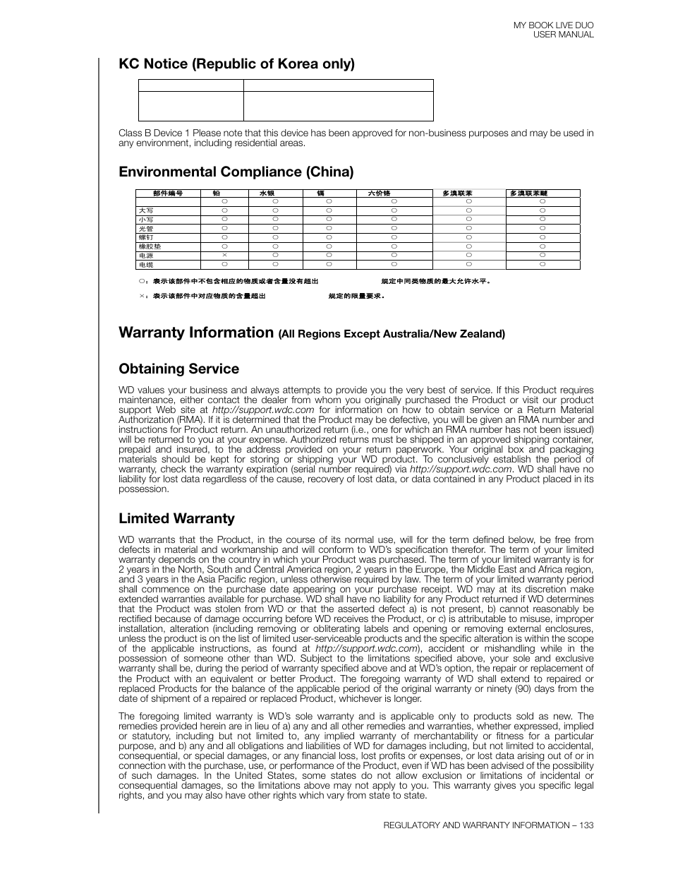 Kc notice (republic of korea only), Environmental compliance (china), Obtaining service | Limited warranty, Warranty information, All regions except australia/new zealand) | Western Digital My Book Live Duo User Manual User Manual | Page 139 / 146