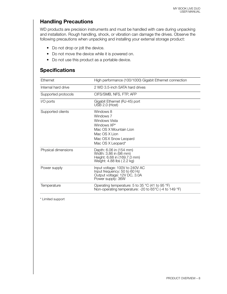 Handling precautions, Specifications, Handling precautions specifications | Western Digital My Book Live Duo User Manual User Manual | Page 14 / 146