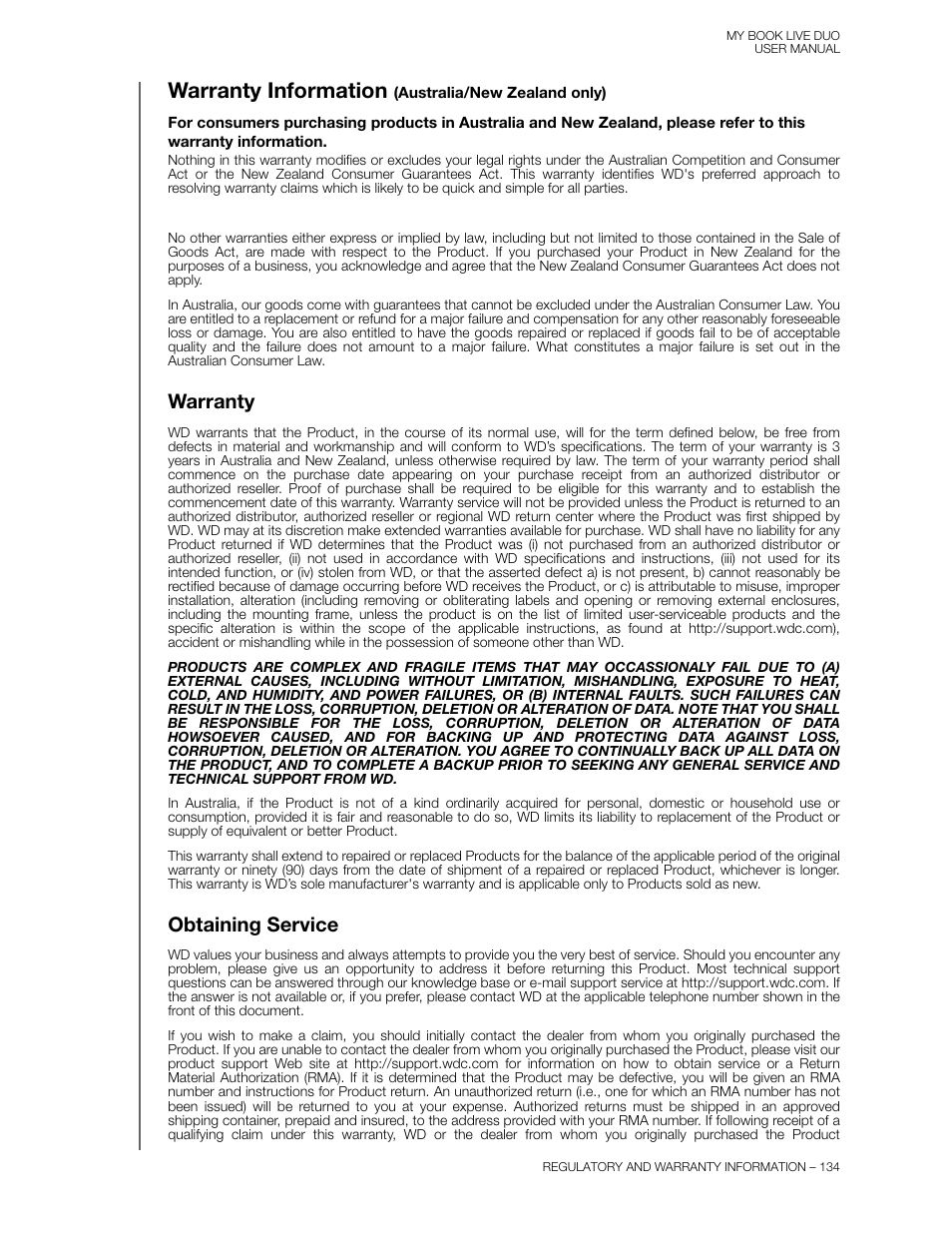 Warranty information (australia/new zealand only), Warranty, Obtaining service | Warranty information | Western Digital My Book Live Duo User Manual User Manual | Page 140 / 146