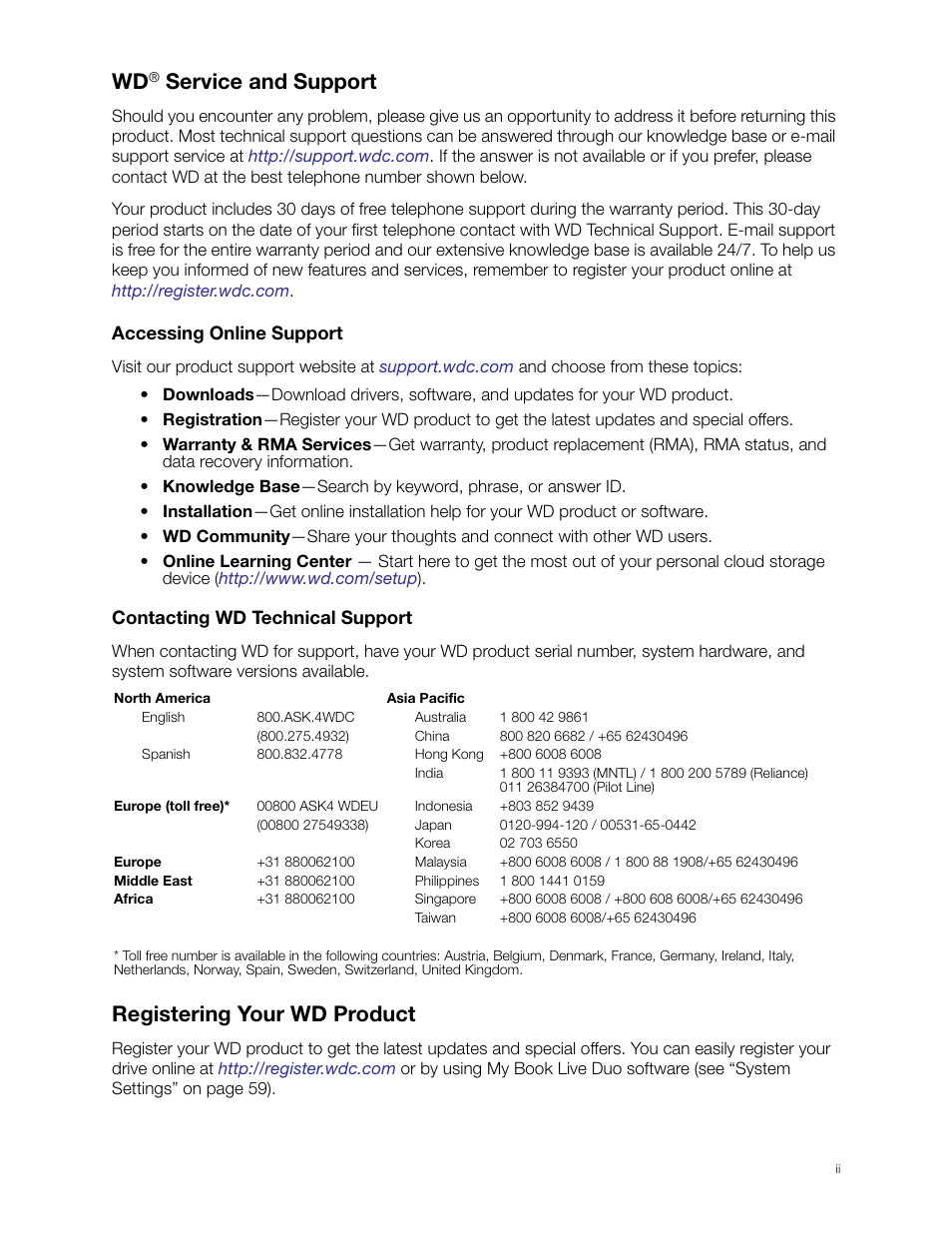 Wd® service and support, Accessing online support, Contacting wd technical support | Registering your wd product, Service and support | Western Digital My Book Live Duo User Manual User Manual | Page 2 / 146