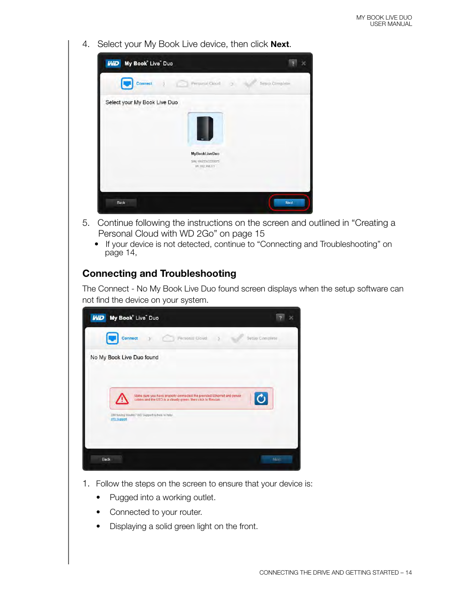 Connecting and troubleshooting | Western Digital My Book Live Duo User Manual User Manual | Page 20 / 146