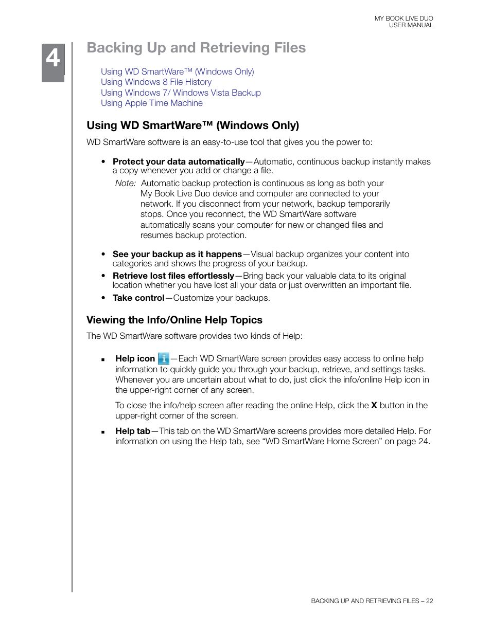 Backing up and retrieving files, Using wd smartware™ (windows only), Viewing the info/online help topics | Western Digital My Book Live Duo User Manual User Manual | Page 28 / 146