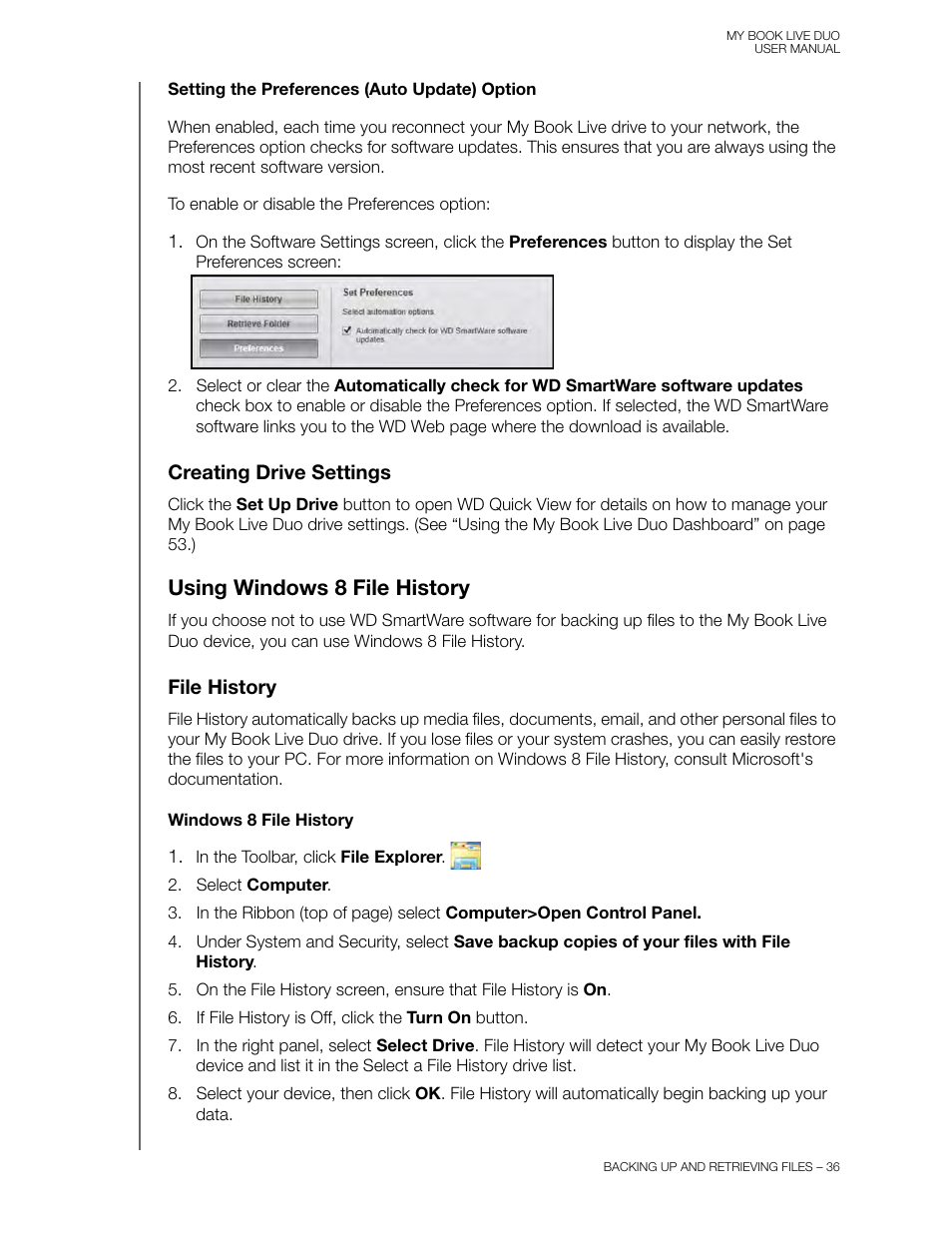 Creating drive settings, Using windows 8 file history, File history | Western Digital My Book Live Duo User Manual User Manual | Page 42 / 146