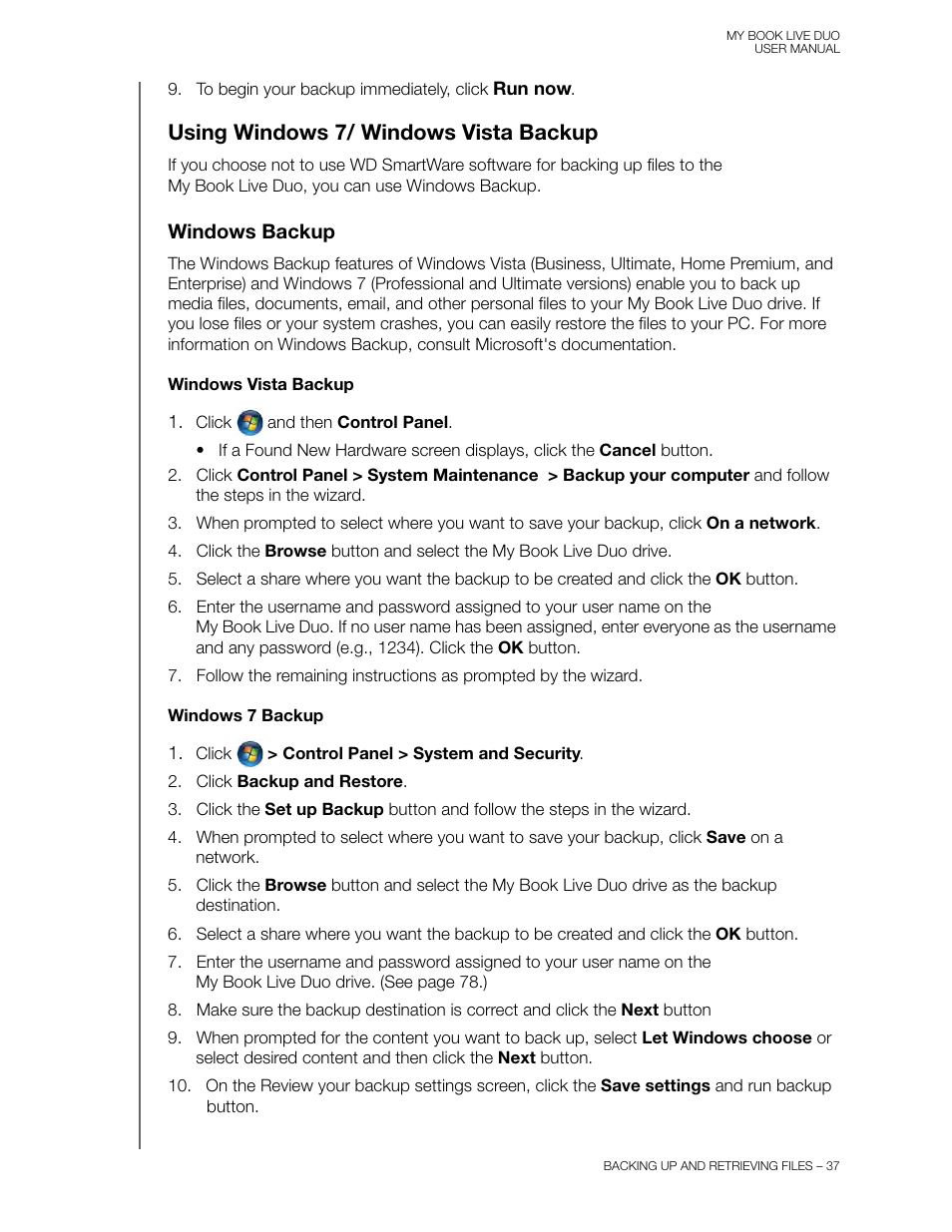 Using windows 7/ windows vista backup, Windows backup | Western Digital My Book Live Duo User Manual User Manual | Page 43 / 146