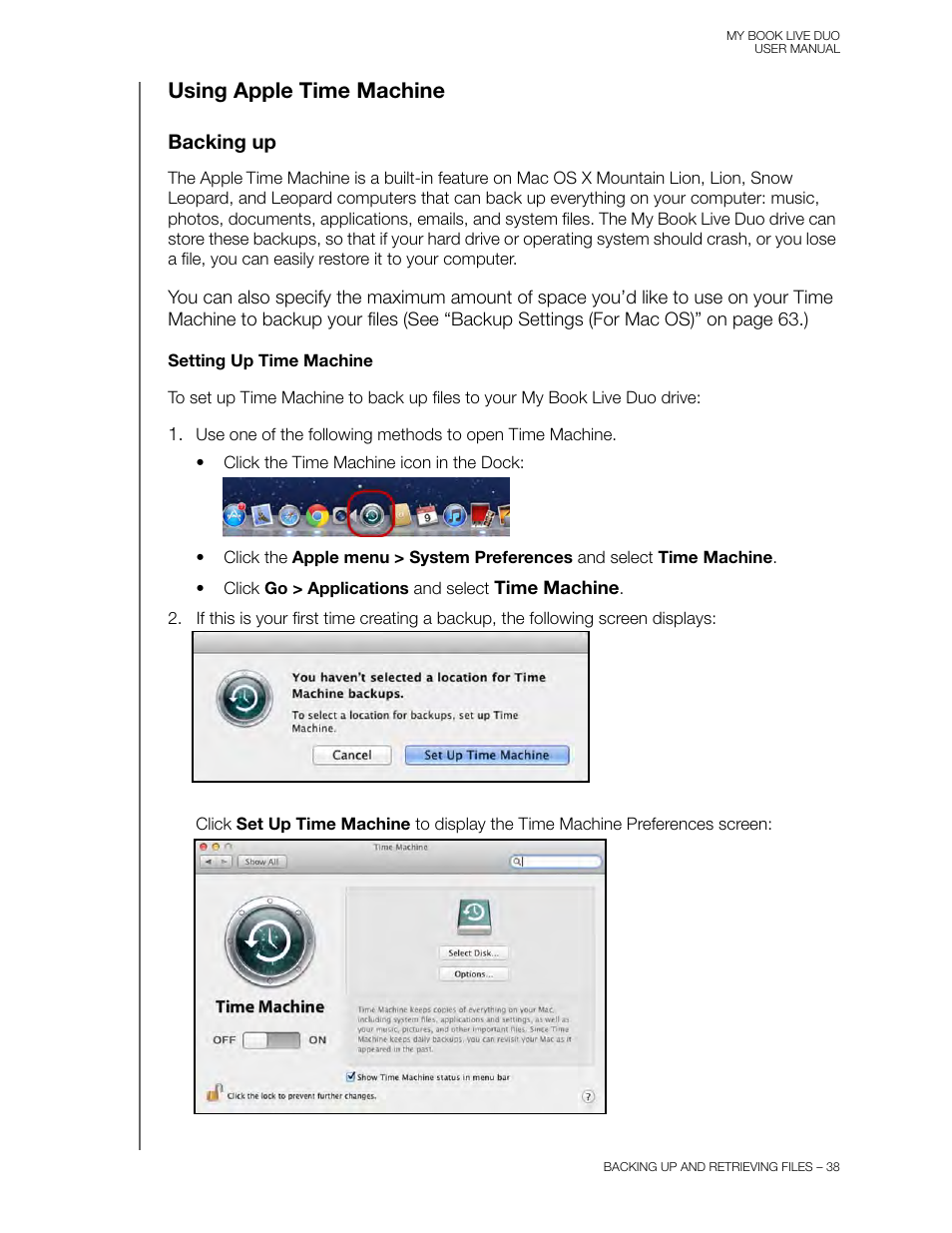Using apple time machine, Backing up | Western Digital My Book Live Duo User Manual User Manual | Page 44 / 146