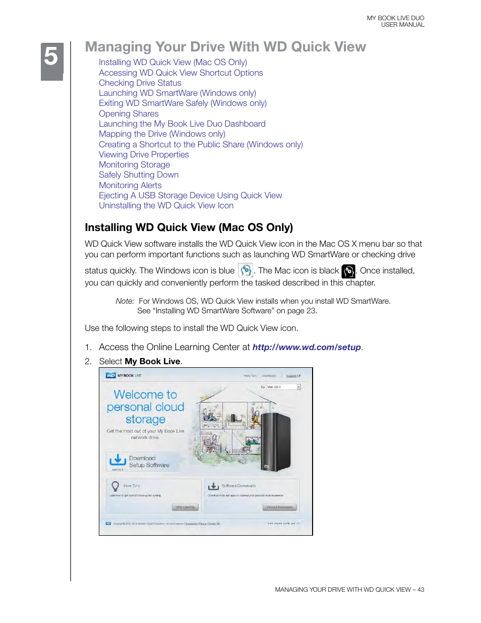 Managing your drive with wd quick view, Installing wd quick view (mac os only), Managing your drive with | Wd quick view | Western Digital My Book Live Duo User Manual User Manual | Page 49 / 146