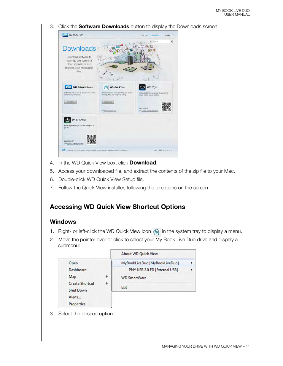 Accessing wd quick view shortcut options, Windows | Western Digital My Book Live Duo User Manual User Manual | Page 50 / 146