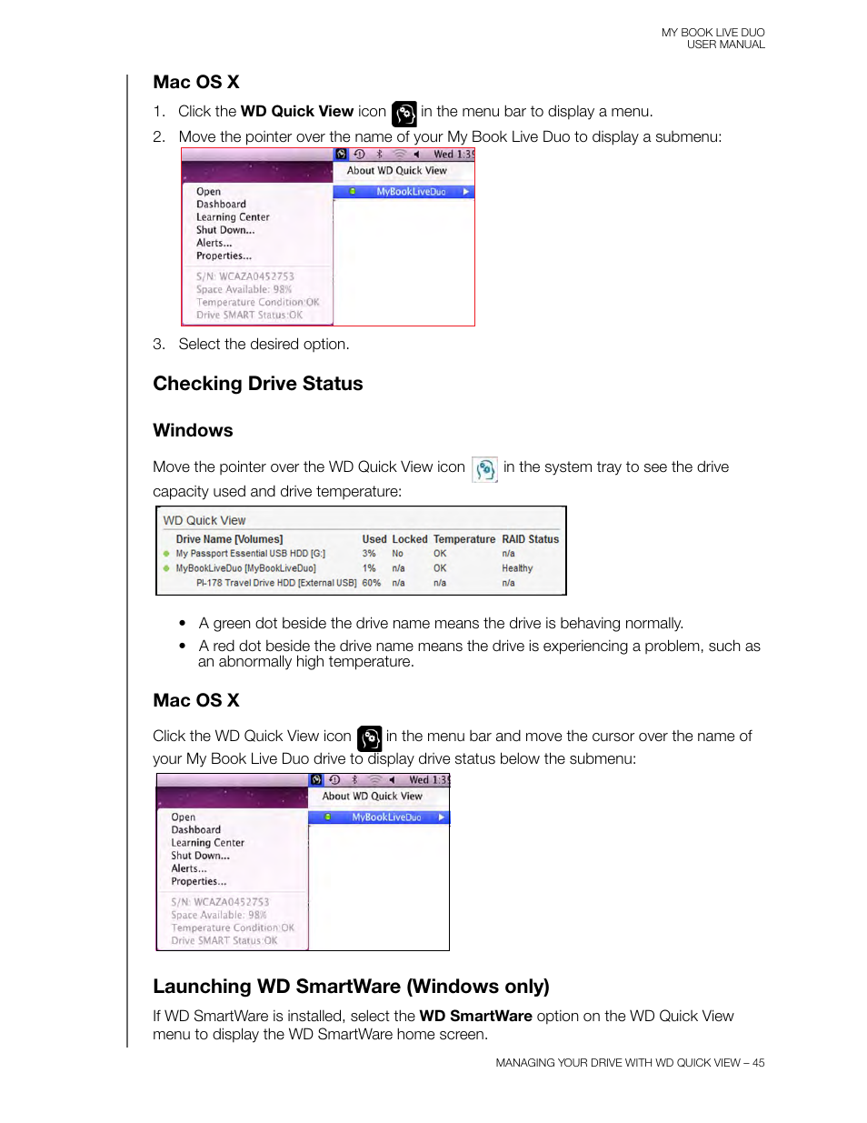 Mac os x, Checking drive status, Windows | Launching wd smartware (windows only) | Western Digital My Book Live Duo User Manual User Manual | Page 51 / 146