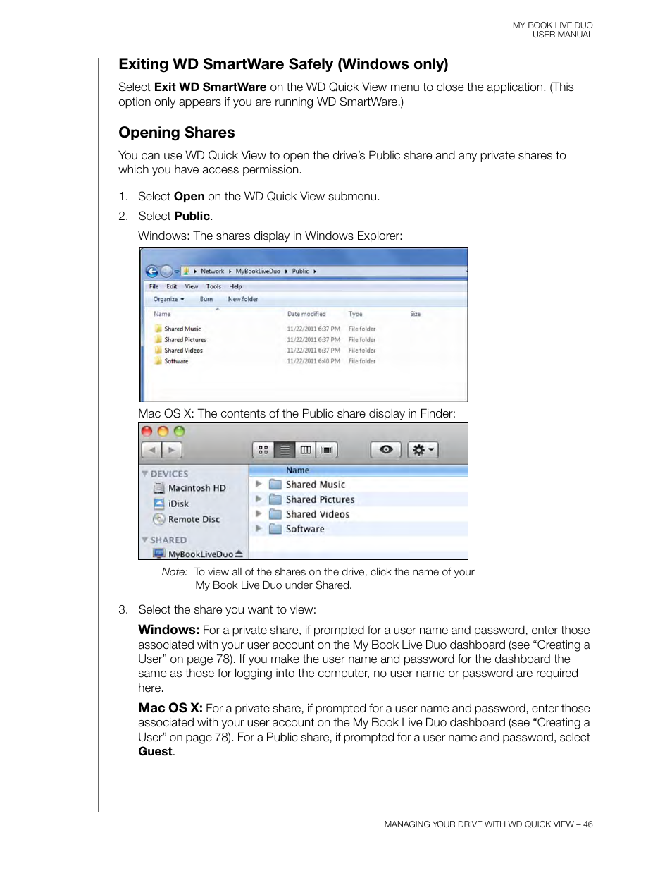 Exiting wd smartware safely (windows only), Opening shares | Western Digital My Book Live Duo User Manual User Manual | Page 52 / 146