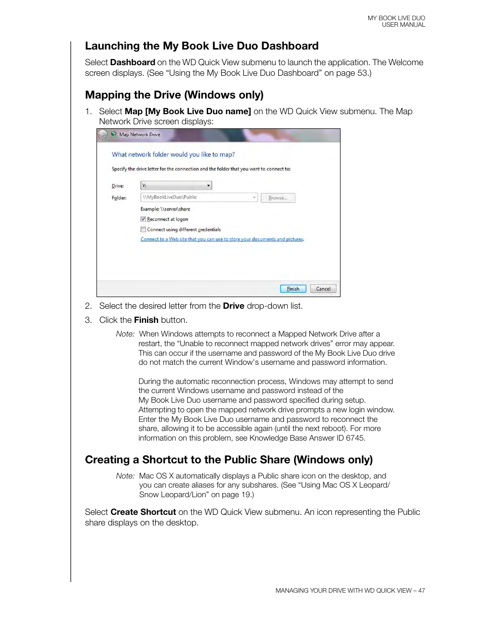 Launching the my book live duo dashboard, Mapping the drive (windows only), Mapping the drive | Creating a shortcut to the public share | Western Digital My Book Live Duo User Manual User Manual | Page 53 / 146