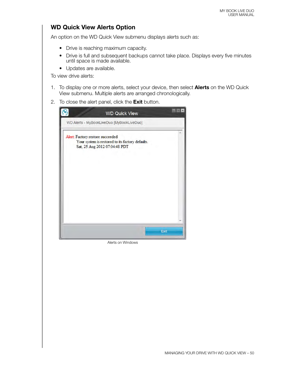 Wd quick view alerts option | Western Digital My Book Live Duo User Manual User Manual | Page 56 / 146