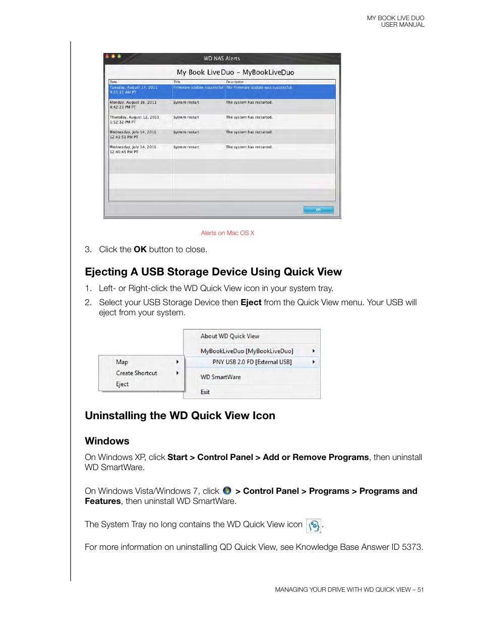 Ejecting a usb storage device using quick view, Uninstalling the wd quick view icon, Windows | Western Digital My Book Live Duo User Manual User Manual | Page 57 / 146